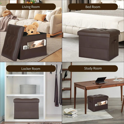 Leather Storage Ottoman Foot Rest Stool 17x13x13 inches with foldable design and cushioned seat in living room, bedroom, and study