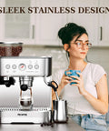 Top Shelf Semi Automatic Espresso Machine Paired With A Dead Silent Conical Burr Grinder And Polished Stainless Steel Milk Frother For Bold Morning Brews Daily next to a woman holding a blue cup.
