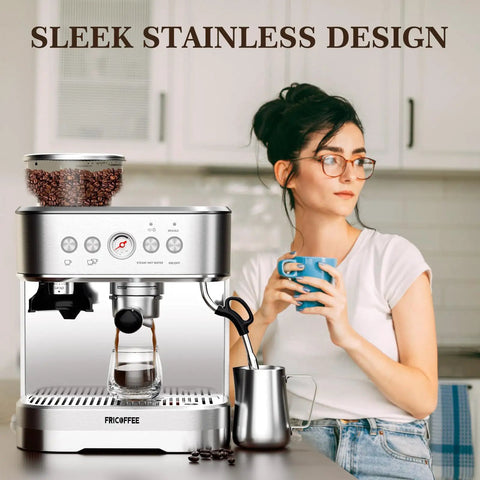 Top Shelf Semi Automatic Espresso Machine Paired With A Dead Silent Conical Burr Grinder And Polished Stainless Steel Milk Frother For Bold Morning Brews Daily next to a woman holding a blue cup.