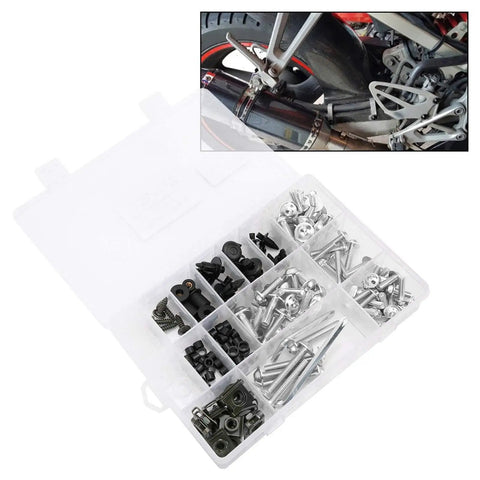 Aluminum Motorcycle Fairing Bolt Kit One Stop With Assorted Screws And Fasteners For Sports Bikes Replacement Hardware Silver Finish Durable OEM Grade Hardware in a storage case and close-up of a sport bike installation.