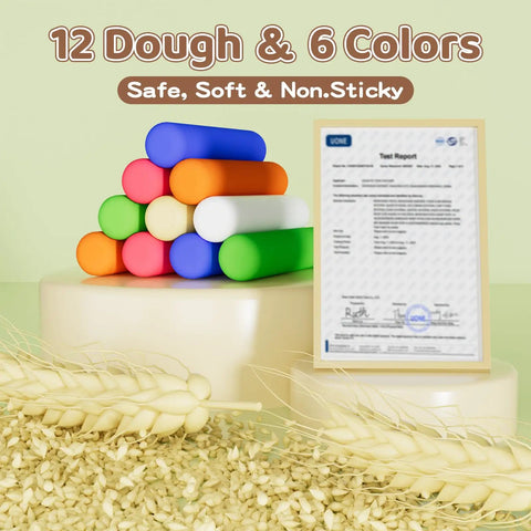 12 colorful dough sticks from 70 Piece Kids Dough Set 4 In 1 With Ice Cream Maker Noodle Maker Hamburger And Cake Mold Tools Kit