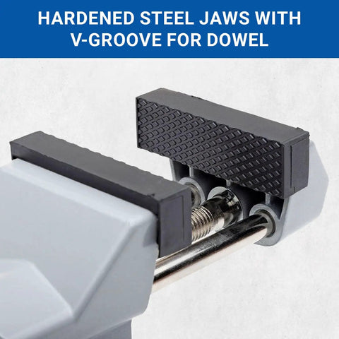 Close-up of jaws on Portable Vacuum Base Vise With 360 Degree Swivel And 90 Degree Pivot Two And Three Quarter Inch Jaw Width