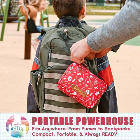 Family Friendly First Aid Kit With 200 Essentials For Kids, Travel Ready In A Compact Storage Bag held beside a backpack