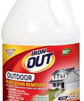 Liquid Rust Stain Remover For Outdoor Surfaces Pre Mix Quickly Dissolves Rust On Concrete Vinyl And More No Scrubbing Needed Safe To Use Made In The USA 1 Gallon bottle with label showing house and fence