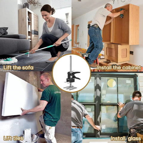 Labor Saving Arm Jack Lifting Helper Tool in use for lifting sofa, cabinet, tiles, and glass, showcasing versatility indoors