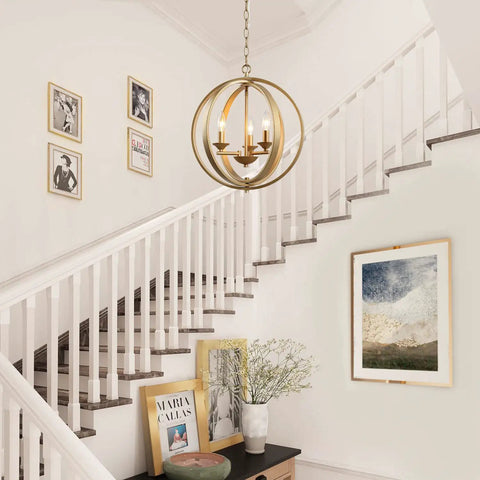 Gold Orb Pendant Light 3 Light Modern Fixture With Open Globe Metal Frame And Soft Gold Finish in a staircase entryway