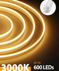 LED Neon Rope Lights 12V Warm White Dimmable 16 Feet Waterproof Silicone Neon Strip 3000K glowing in spiral pattern