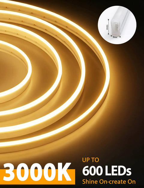LED Neon Rope Lights 12V Warm White Dimmable 16 Feet Waterproof Silicone Neon Strip 3000K glowing in spiral pattern