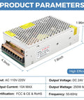 24V 10A Switching Power Supply 240W AC to DC for LED Strip Lights, Adjustable 110V 220V Input, Safe High Efficiency DC Output, Ideal for Home, Office, and DIY Projects, metal casing dimensions shown