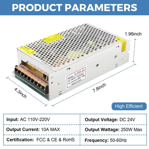 24V 10A Switching Power Supply 240W AC to DC for LED Strip Lights, Adjustable 110V 220V Input, Safe High Efficiency DC Output, Ideal for Home, Office, and DIY Projects, metal casing dimensions shown