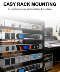 High Grade 10 Outlet Rackmount Power Conditioner And Sequencer in a studio rack showcasing easy mounting and digital display.