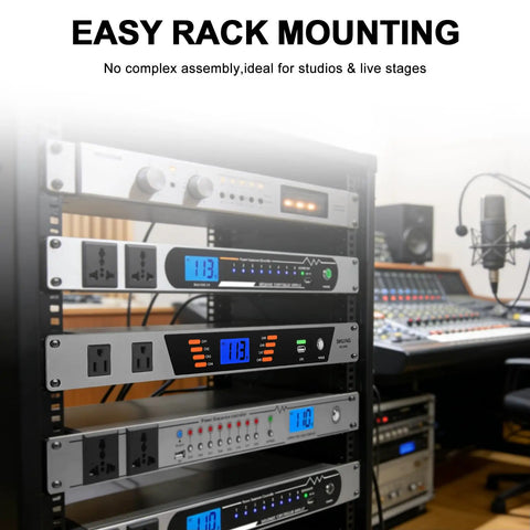 High Grade 10 Outlet Rackmount Power Conditioner And Sequencer in a studio rack showcasing easy mounting and digital display.