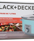 Teal 7 Quart Slow Cooker With Built In Lid Holder, Cool Touch Handles on packaging with 3 heat settings