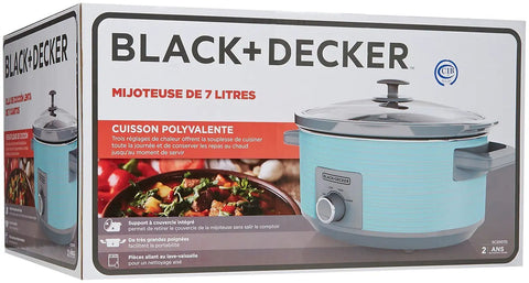 Teal 7 Quart Slow Cooker With Built In Lid Holder, Cool Touch Handles on packaging with 3 heat settings