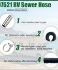 97521 RV sewer hose with 4-inch stainless coupler, flexible design, handle-type clamp, showcasing durability and fit.