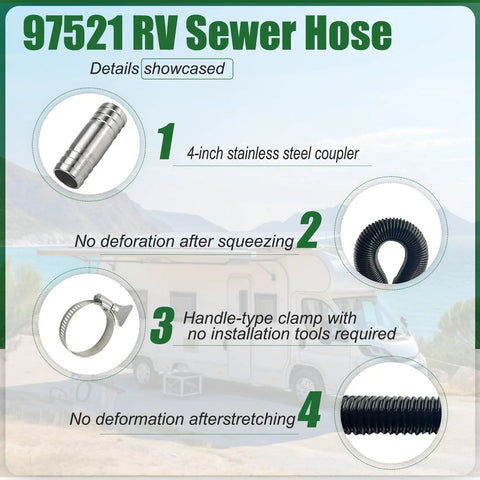 97521 RV sewer hose with 4-inch stainless coupler, flexible design, handle-type clamp, showcasing durability and fit.