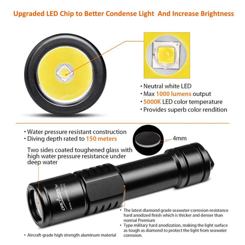 D520 1000 Lumen Scuba Dive Light With Rotary Switch, LED chip detail, durable construction, IP68 waterproof, 150m depth