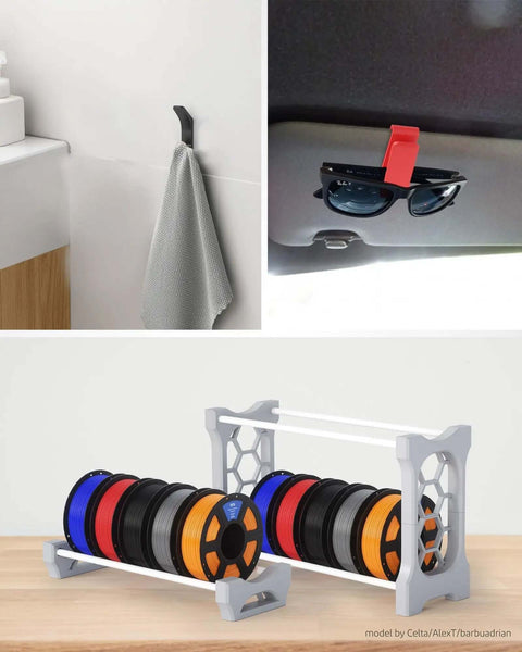 Creative uses of 3D printed tools, including towel hook, sunglasses clip, and filament spool rack with PETG filament spools.