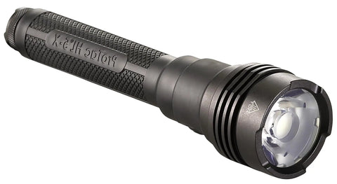 ProTac HL 5X 3500 Lumen MultiFuel Rechargeable Tactical Flashlight With 4 CR123A Batteries And Wrist Lanyard For Duty Search Outdoor Use Workhorse Night Ops Ready, angled view