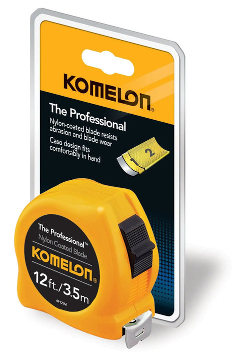 Professional 12 Foot Power Tape Measure With Inch And Metric Scale Yellow Ergonomic Chrome Case in packaging