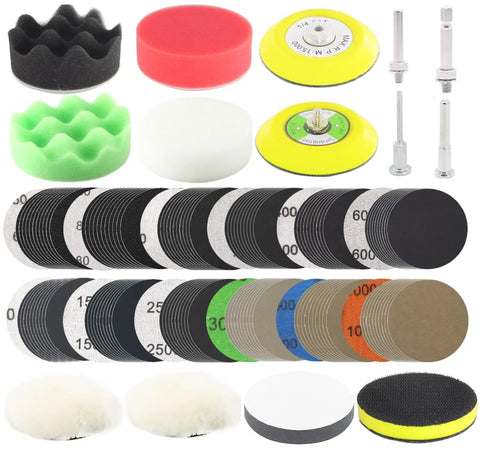 All In One 144Pc 3 Inch Sanding Disc Drill Polishing Kit With Wet Sandpaper Headlight Restoration Grit Range 60 To 10000 Hook And Loop Backing Pad Set for car, wood, metal, glass, resin, epoxy application.