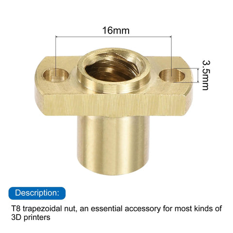 Front view of brass tone T8 trapezoidal nut for 3D printers, 16mm center pitch, fits 3.5mm mounting holes.