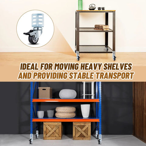 Heavy Duty Storage Rack Caster Wheels Badass 2 Inch Rollers With Secure Top Brakes Fits Boltless Shelving Units, shown on mobile rack.