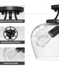 3-Bulb Industrial Style Semi Flush Mount Ceiling Light With Clear Glass Shade, Matte Black Fixture, E26 Base, 13.8 Inch