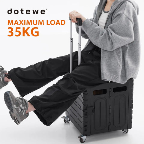 Person sitting on Foldable Utility Cart On Wheels With Lid Heavy Duty Handcart For Grocery Garden Office And Storage Collapsible Trolley Portable 100 Lb Capacity Easy Fold Smooth Rolling Haul