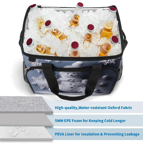 Go-To Insulated Picnic Backpack Tote With 30L Capacity, Leakproof Cooler Bag filled with ice and bottles, snowman design visible
