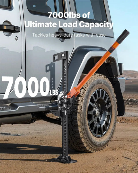 VEVOR 42 Inch Farm Jack 7000 Lbs High Lift Utility Ratchet Off Road Heavy Duty Truck Tractor SUV Jeep Recovery Winch Clamp Pull Tool 5-36 In Range next to a truck tire.