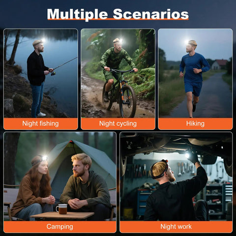 Multiple scenarios using 5 Pack Headlamp Holder Clip Mount For 22mm To 26mm LED Headlamps, showing fishing, cycling, hiking, camping, work.