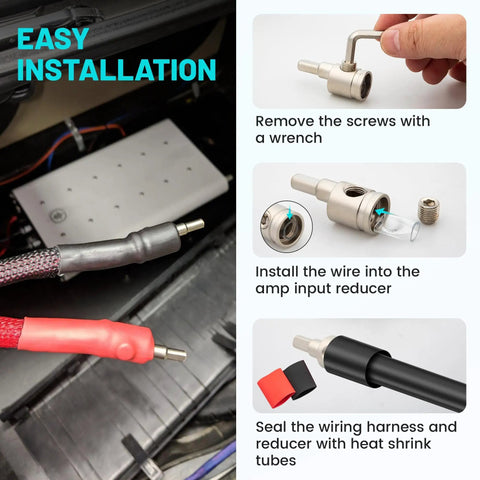 0 To 4 Gauge Power Reducer Connectors For Car Audio Amplifier Beefy Brass Wire Terminal Connectors With Heat Shrink Tubing And Allen Key 4 Pack For Amp Input AWG Power And Ground, installed on car audio wires