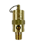 Front view of brass 1/8 in NPT safety pressure relief valve with knurled collar, USA-made