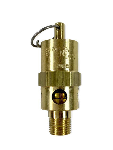 Front view of brass 1/8 in NPT safety pressure relief valve with knurled collar, USA-made