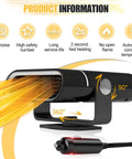 Portable 12V Car Heater Brings Road Trip Ready Warmth Straight To Your Dash For Quick Windshield Defrosting With Easy Plug And Play Cigarette Lighter Setup For Any Winter Drive showing heating element with airflow and adjustable mount.