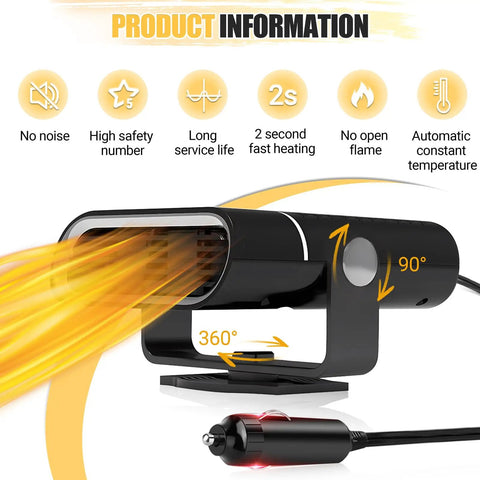 Portable 12V Car Heater Brings Road Trip Ready Warmth Straight To Your Dash For Quick Windshield Defrosting With Easy Plug And Play Cigarette Lighter Setup For Any Winter Drive showing heating element with airflow and adjustable mount.