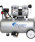 Ultra Quiet Oil Free Air Compressor With 1 Point 0 Hp Motor And 8 Gallon Aluminum Tank, silver tank with dual pistons, for home shop use.