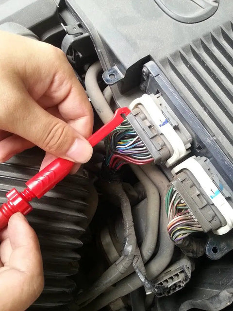 Two Pack Multimeter Test Lead Set With Wire Piercing Probes And Insulated Back Probes For Diagnostic Electrical Testing in use