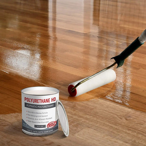 Clear Two Part Polyurethane Sealer Slaps On Smooth For Raw Wood And Brick Slick High Gloss UV Resistant Topcoat Nails The Deep Color Lock Covers Two Hundred Fifty Square Feet One Gallon Ready Mix applied with roller on wood floor.