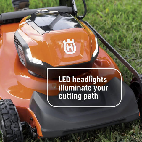 Battery Powered Self Propelled Lawn Mower With Brushless Motor For Small Yards 40V Lithium Ion Two 7.5Ah Batteries Charger Included Pro Grade Cut Long Runtime No Fuss Quick Start, orange mower with LED headlights