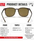 RB4387 Square Shape Non-Polarized Sunglasses For Men And Women With Eyewear Kit Unisex Fit Formal Or Casual Dark Brown Lens Front View