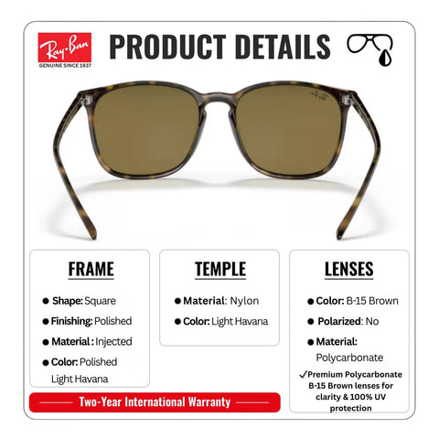 RB4387 Square Shape Non-Polarized Sunglasses For Men And Women With Eyewear Kit Unisex Fit Formal Or Casual Dark Brown Lens Front View