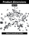 100 Piece Micro Watch Screw Kit With Copper Battery Clamp Screws Replacement Set scattered showing dimensions.