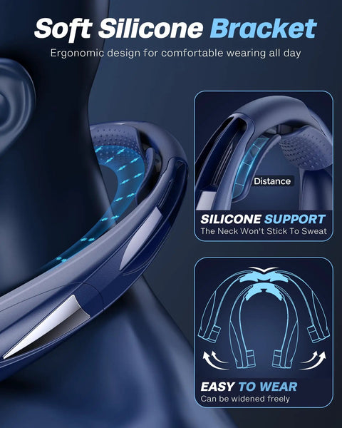 Hands Free Neck Fan With LED Book Light close-up, showing silicone bracket and ergonomic design for comfort.