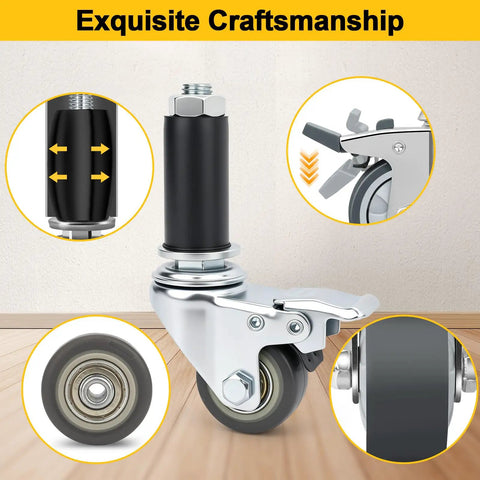 Close-up of Heavy Duty Expanding Stem Casters With Roll Like Butter Rubber Wheels, showcasing quality rubber wheel and metal framework.