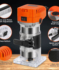 Powerful 6.5 Amp Variable Speed Wood Router Workhorse 1.25 HP Trim Router with clear bottom, depth adjustment, and brush cap
