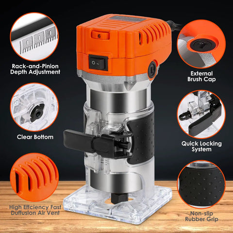 Powerful 6.5 Amp Variable Speed Wood Router Workhorse 1.25 HP Trim Router with clear bottom, depth adjustment, and brush cap