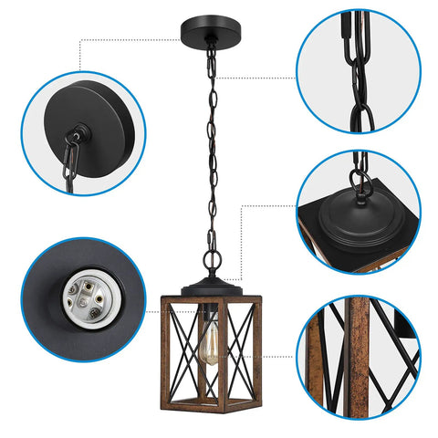 Cozy Farmhouse Pendant Light Metal Hanging Light Fixture With Wooden Grain Finish 63 Inch Adjustable Chain details illustration