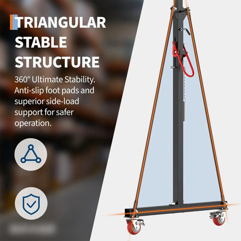 Triangular base of Beefy 1 Ton Gantry Crane With Manual Trolley And Hook Sling, 12 Locking Positions From 97 To 141 Inches